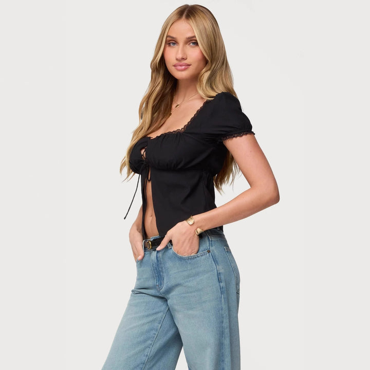 Dame crop top med spetsdetalj och snörning Mirla-Eva Jonsson