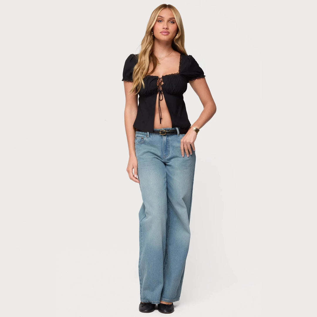 Dame crop top med spetsdetalj och snörning Mirla-Eva Jonsson