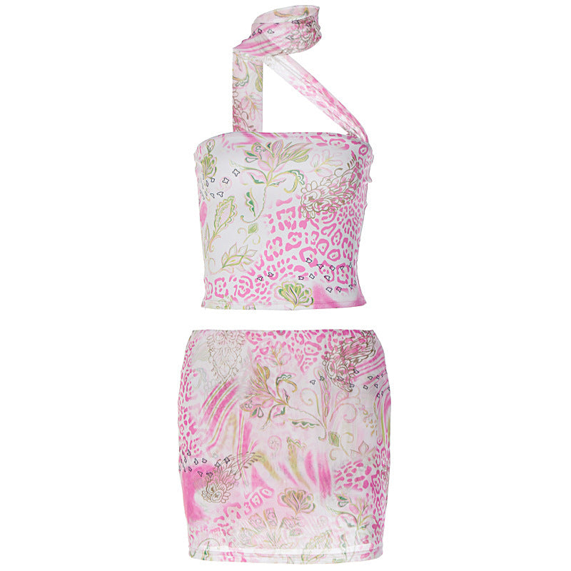 Dame crop-top och kjol-set med asymmetrisk design och blommönster Mirla-Eva Jonsson