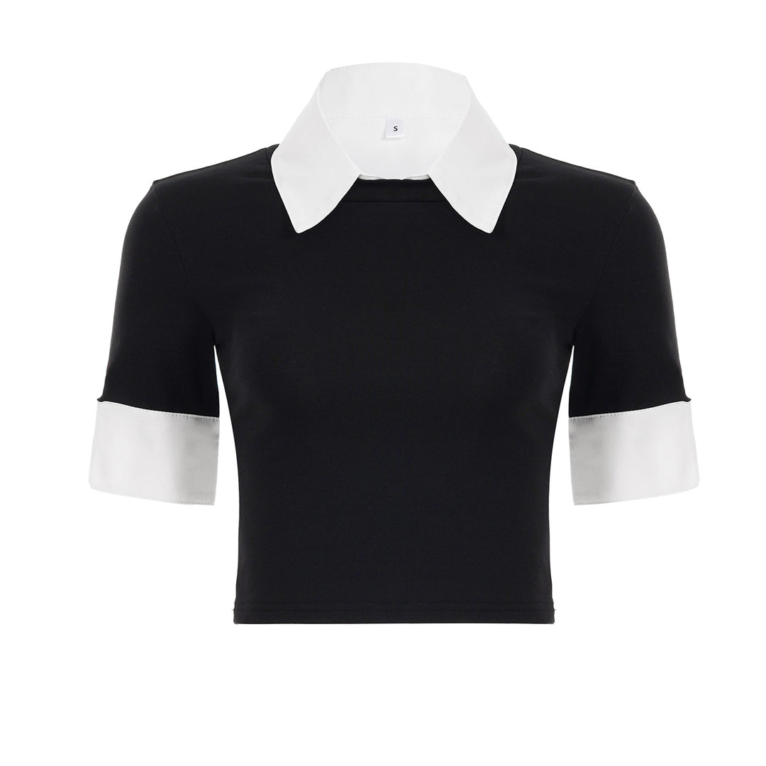 Dame cropped T-shirt med elegant krage och halvlånga ärmar Mirla-Eva Jonsson