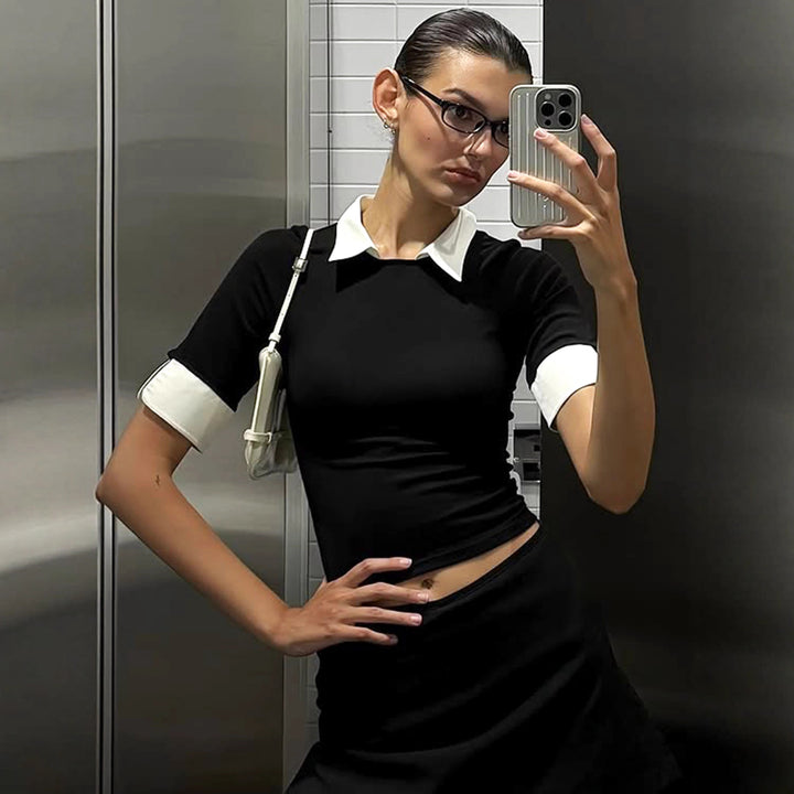 Dame cropped T-shirt med elegant krage och halvlånga ärmar Mirla-Eva Jonsson