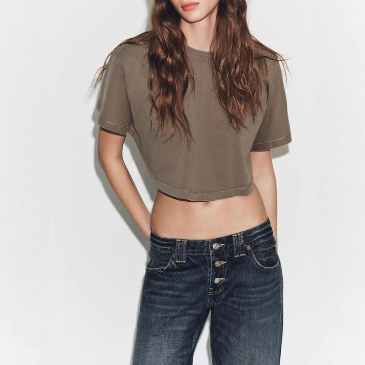 Dame cropped T-shirt med vida ärmar och mjukt bomullsmaterial Mirla-Eva Jonsson
