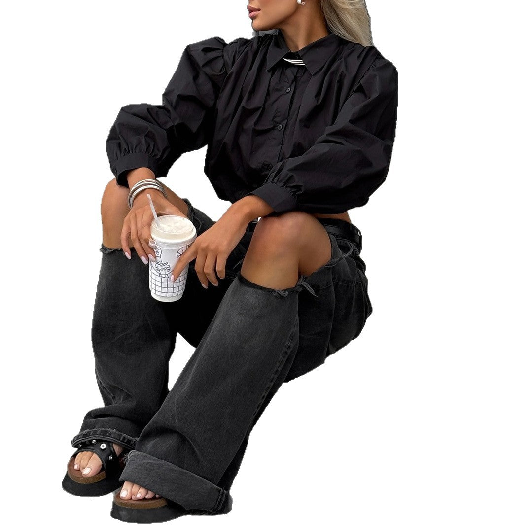 Dame cropped blus med puffärmar och modern krage Mirla-Eva Jonsson
