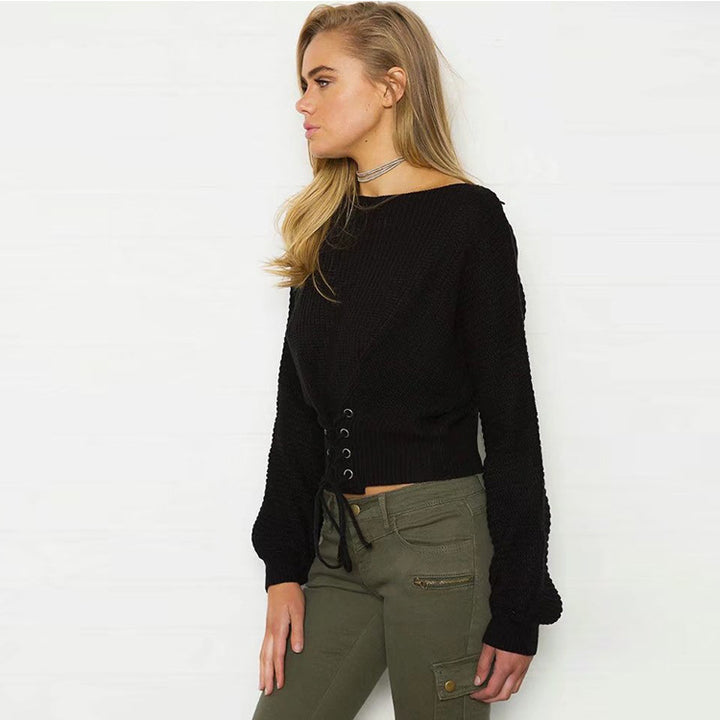 Dame cropped stickad tröja med trendig snörning Eva Jonsson-Eva Jonsson