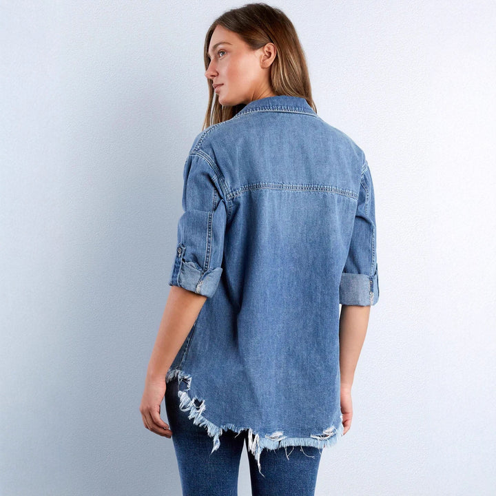 Dame denim blouse with heart appliqué and fringed hem Mirla-Eva Jonsson