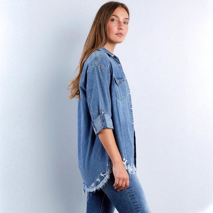 Dame denim blouse with heart appliqué and fringed hem Mirla-Eva Jonsson