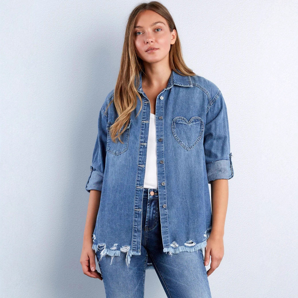 Dame denim blouse with heart appliqué and fringed hem Mirla-Eva Jonsson