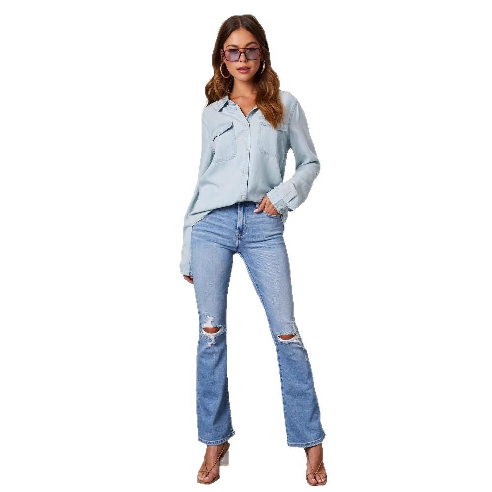 Dame denimskjorta med uppvikta ärmar och två bröstfickor Mirla-Eva Jonsson