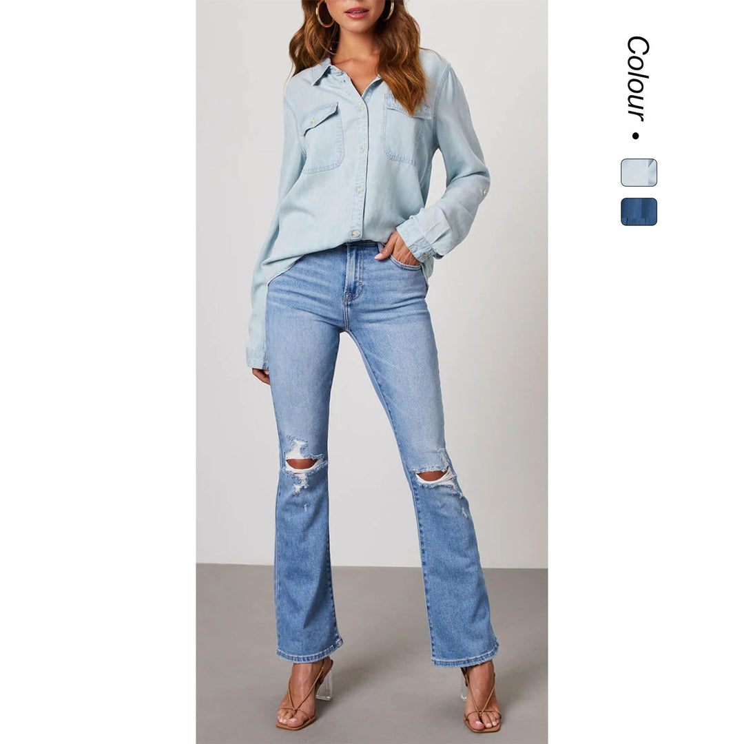 Dame denimskjorta med uppvikta ärmar och två bröstfickor Mirla-Eva Jonsson