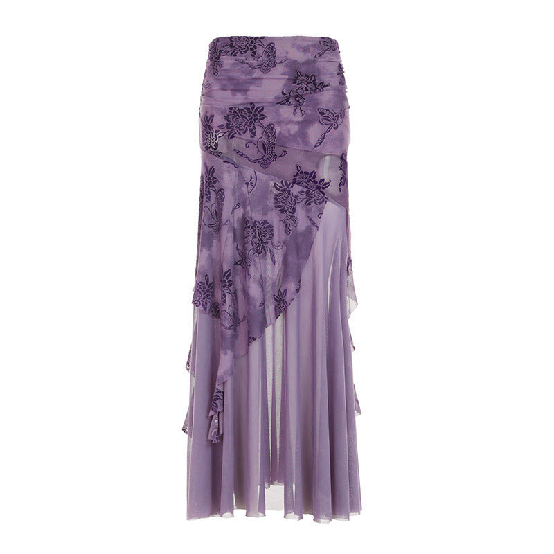 Dame elegant asymmetrisk maxikjol med blommiga dekorationer Mirla-Eva Jonsson