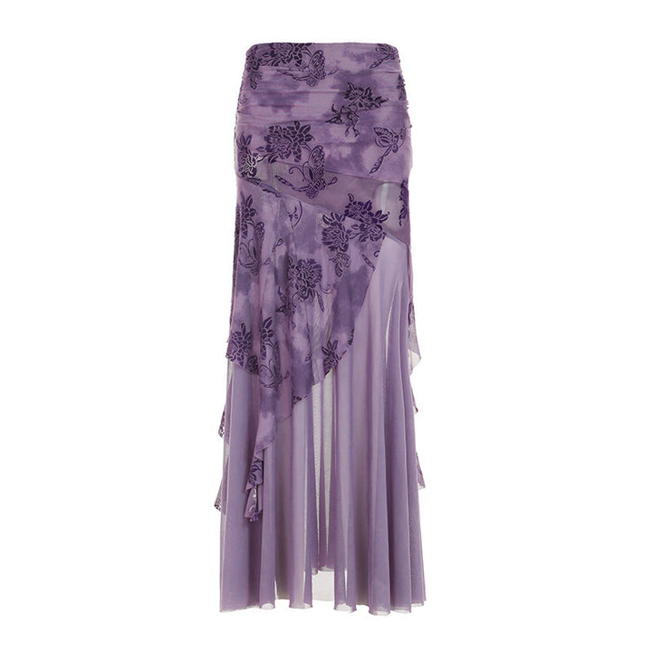 Dame elegant asymmetrisk maxikjol med blommiga dekorationer Mirla-Eva Jonsson