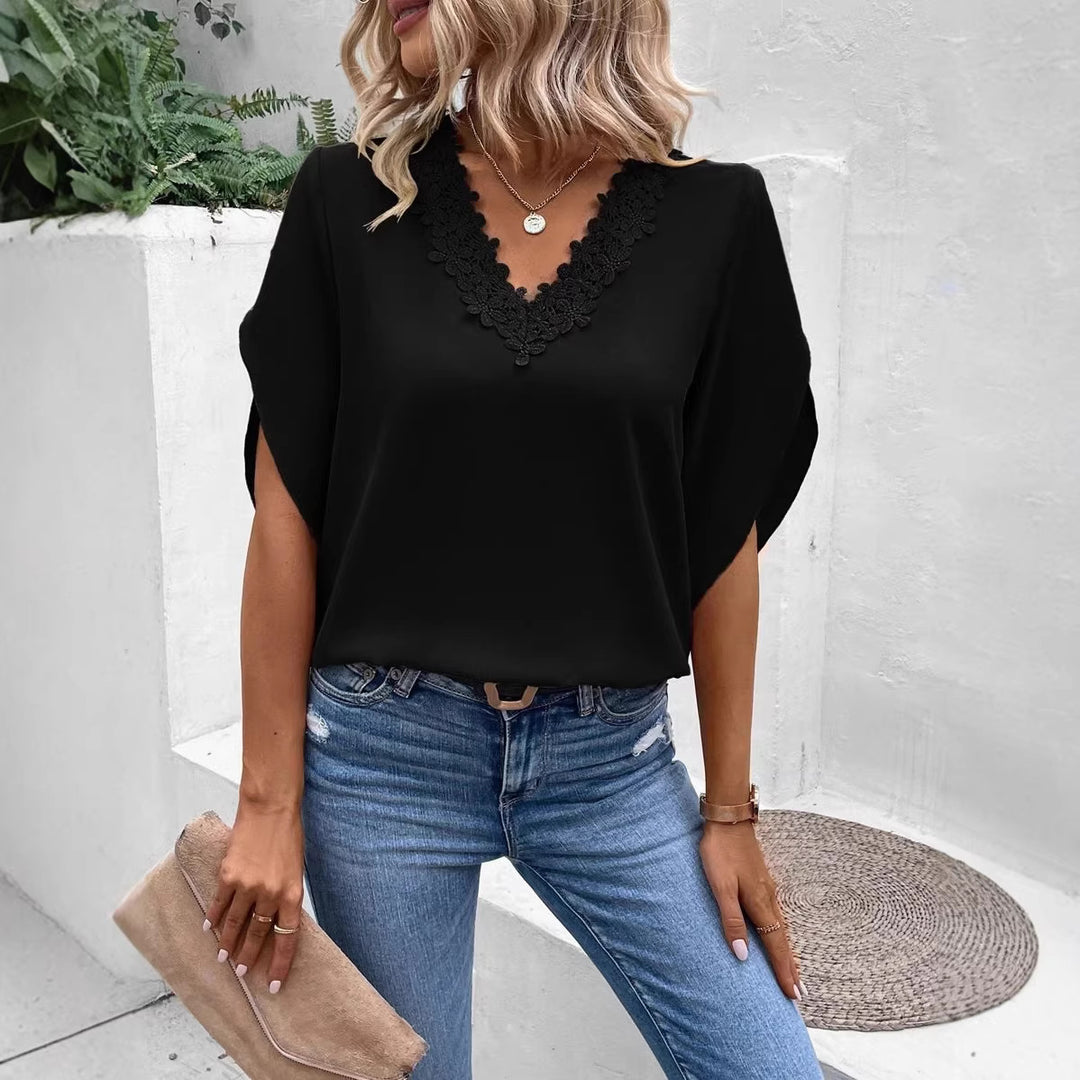 Dame elegant blus med spetsapplikation Mirla-Eva Jonsson