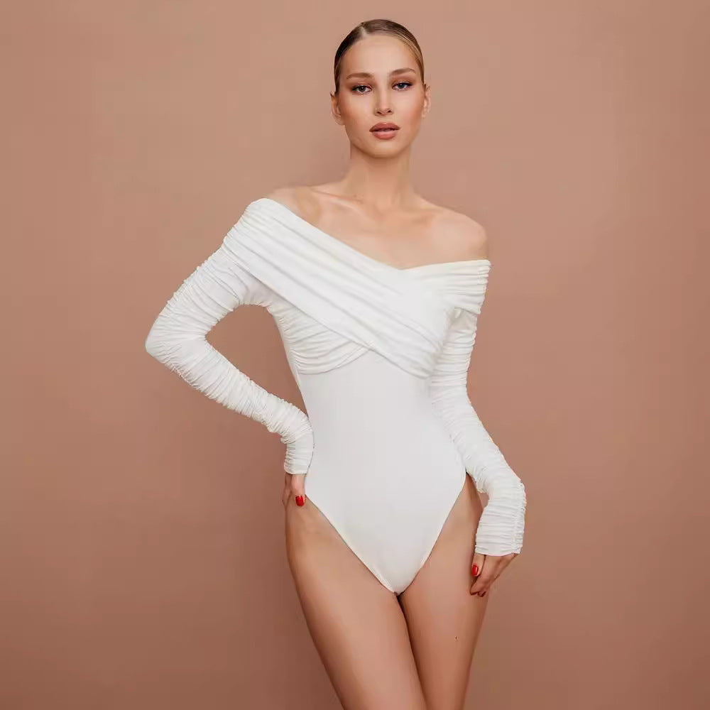 Dame elegant bodysuit med draperad ovandel och smala ärmar Mirla-Eva Jonsson