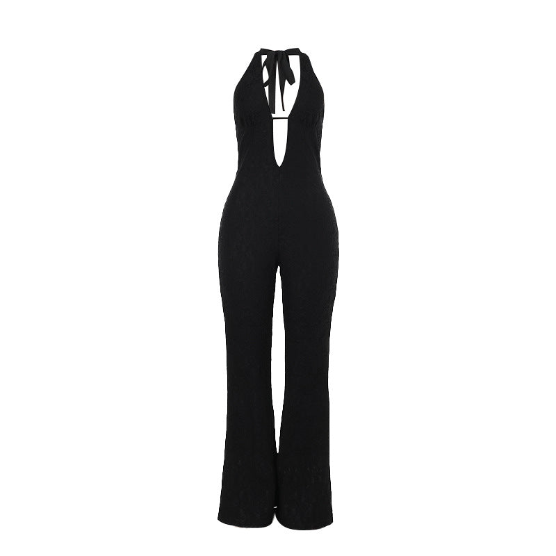 Dame elegant jumpsuit med djup V-ringning och utsvängd byxben Mirla-Eva Jonsson
