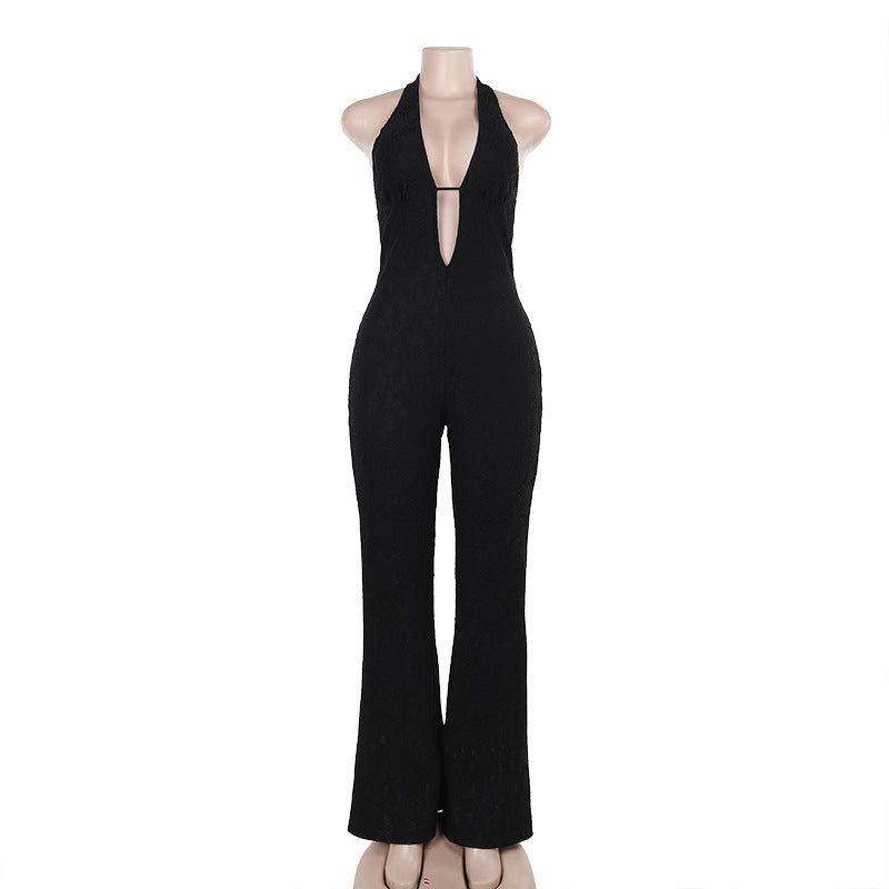 Dame elegant jumpsuit med djup V-ringning och utsvängd byxben Mirla-Eva Jonsson