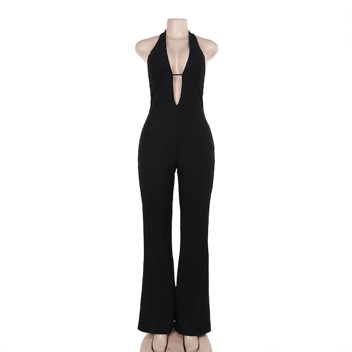 Dame elegant jumpsuit med djup V-ringning och utsvängd byxben Mirla-Eva Jonsson