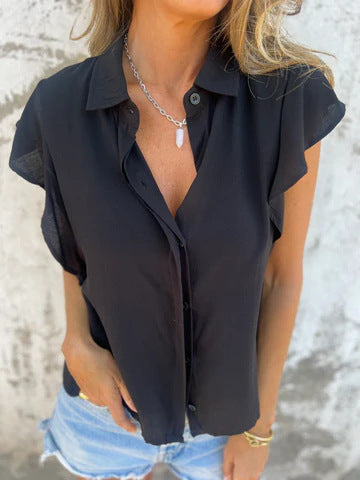 Dame elegant kortärmad blus med volangdetaljer Mirla-Eva Jonsson