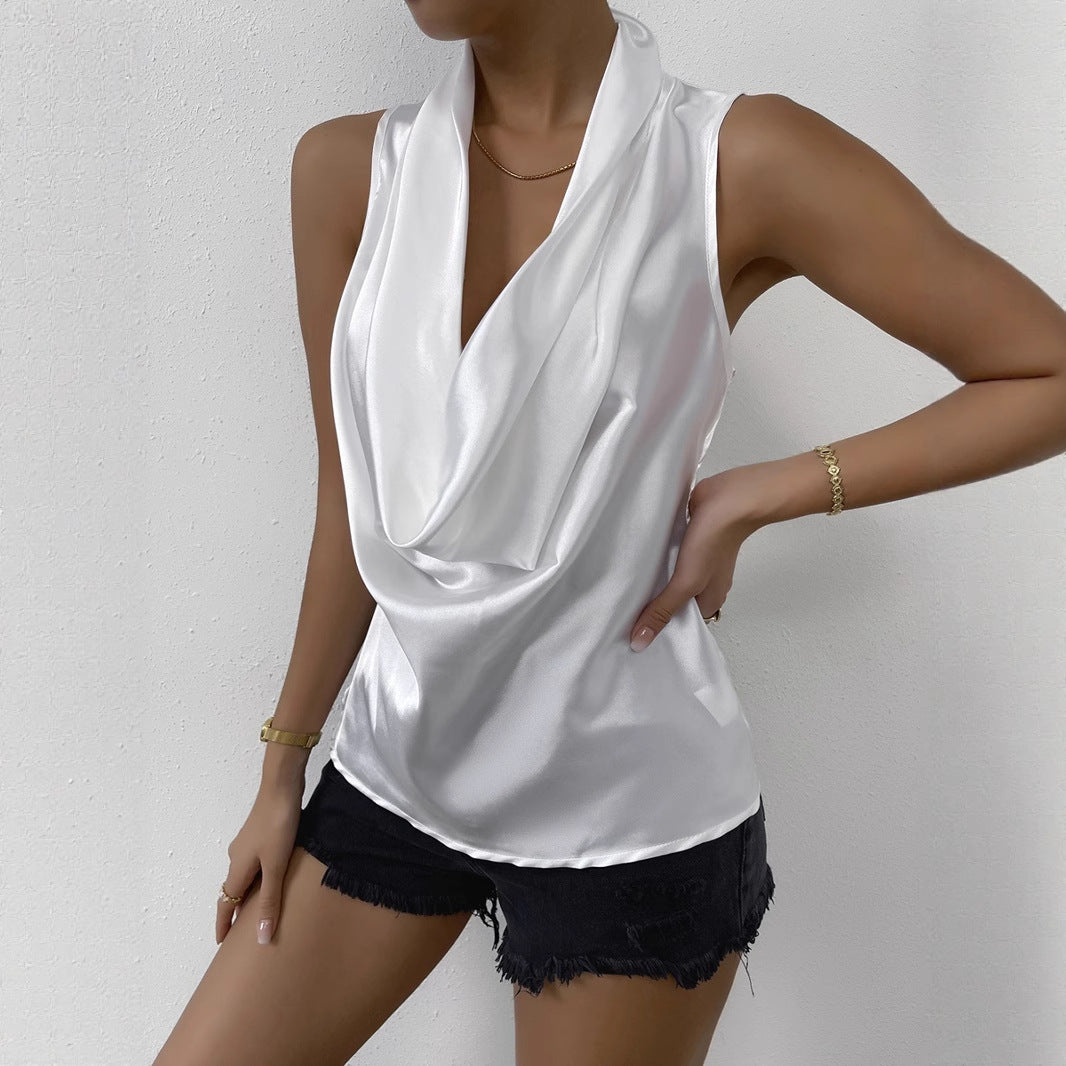 Dame elegant satin topp med djup vattenfall u-ringning Mirla-Eva Jonsson