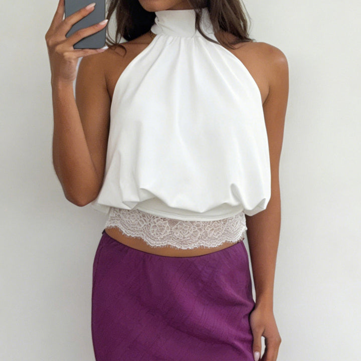Dame elegant spaghetti-rem topp med transparent spetsdetalj Mirla-Eva Jonsson