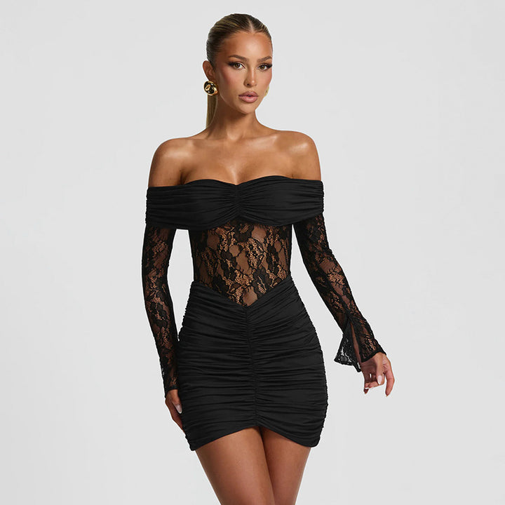 Dame elegant spetskjole med off-shoulder-halsudskæring og draperinger Mirla-Eva Jonsson