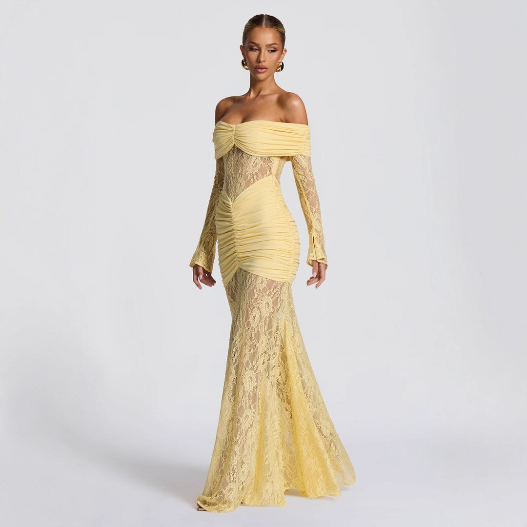 Dame elegant spetskjole med off-shoulder-halsudskæring og draperinger Mirla-Eva Jonsson