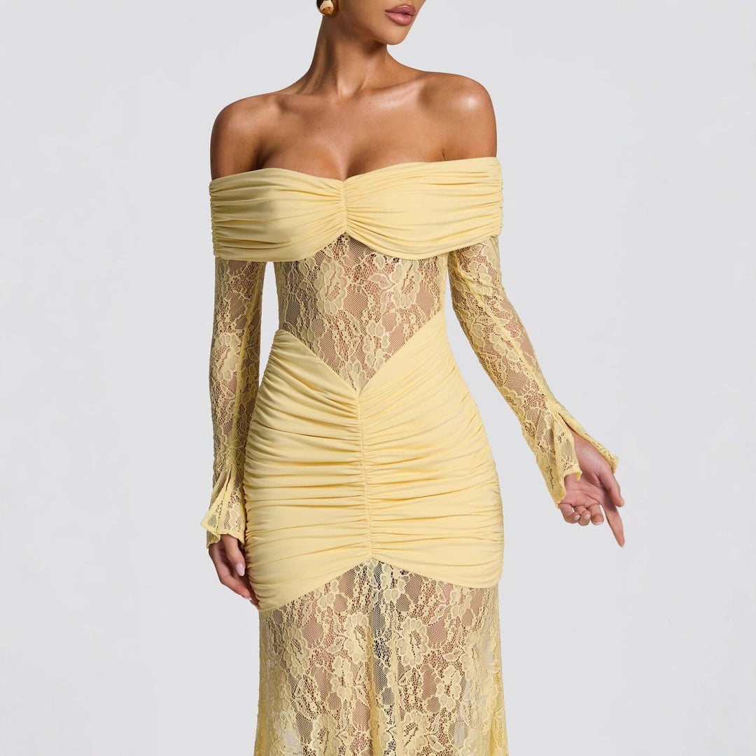 Dame elegant spetskjole med off-shoulder-halsudskæring og draperinger Mirla-Eva Jonsson