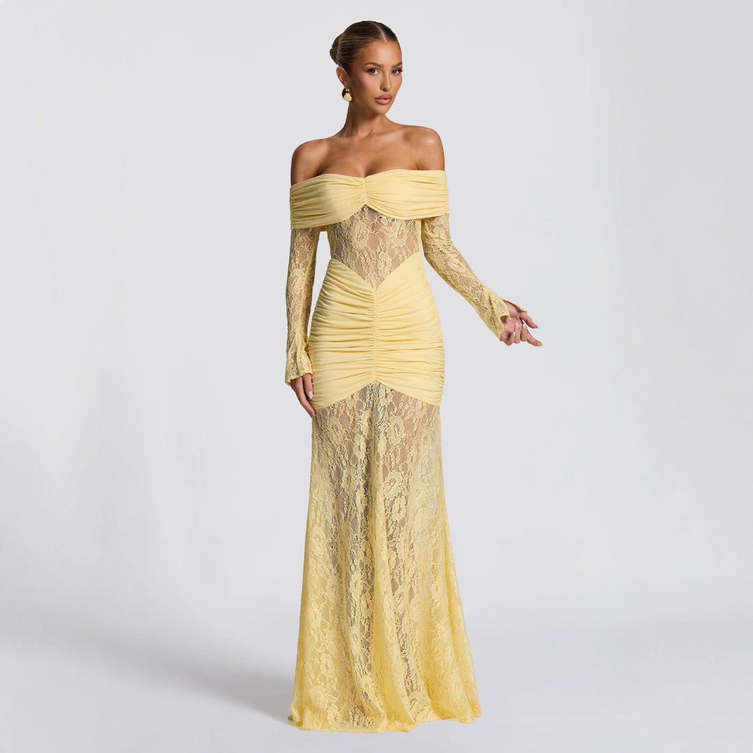 Dame elegant spetskjole med off-shoulder-halsudskæring og draperinger Mirla-Eva Jonsson