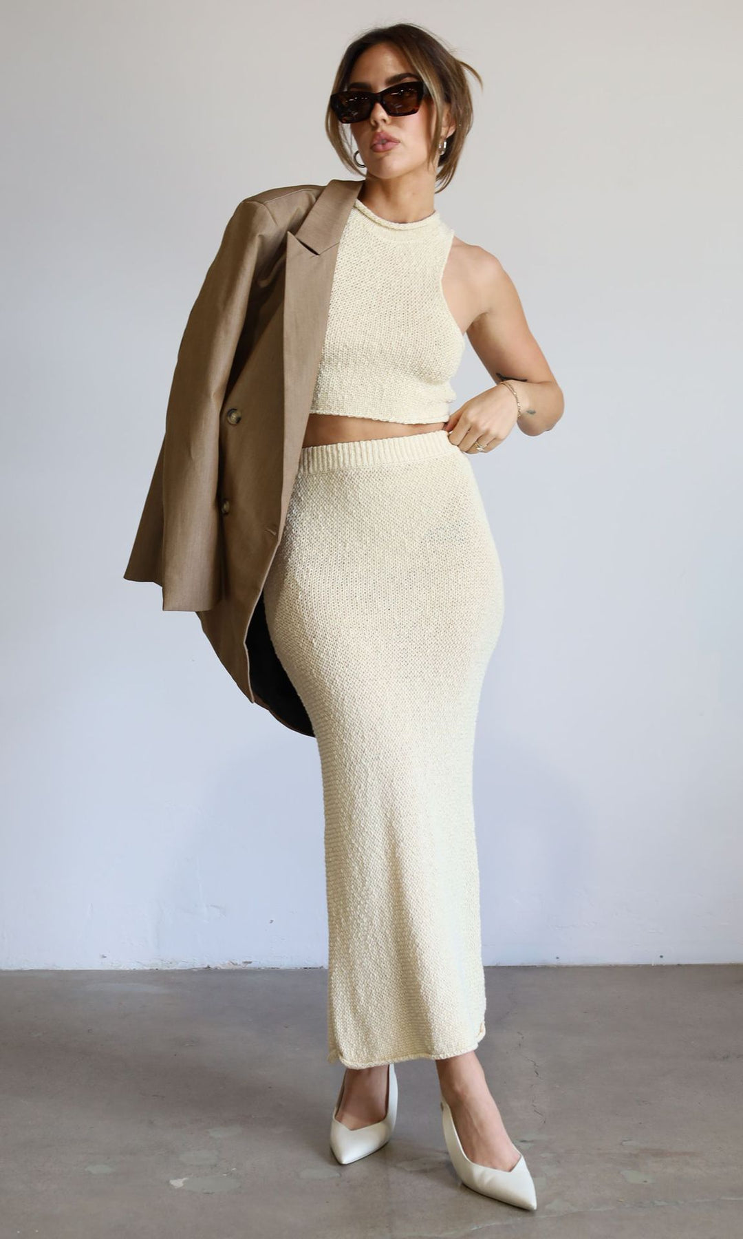 Dame elegant stickad crop top och maxikjol set Mirla-Eva Jonsson