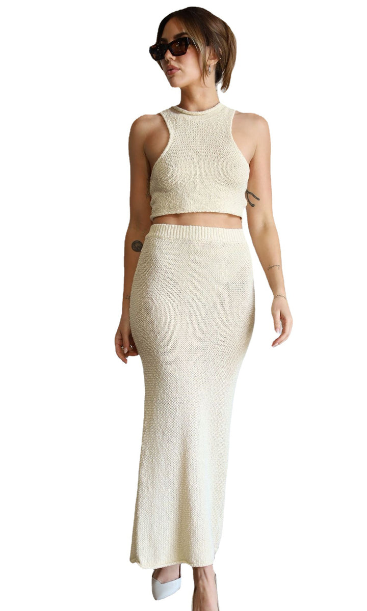 Dame elegant stickad crop top och maxikjol set Mirla-Eva Jonsson