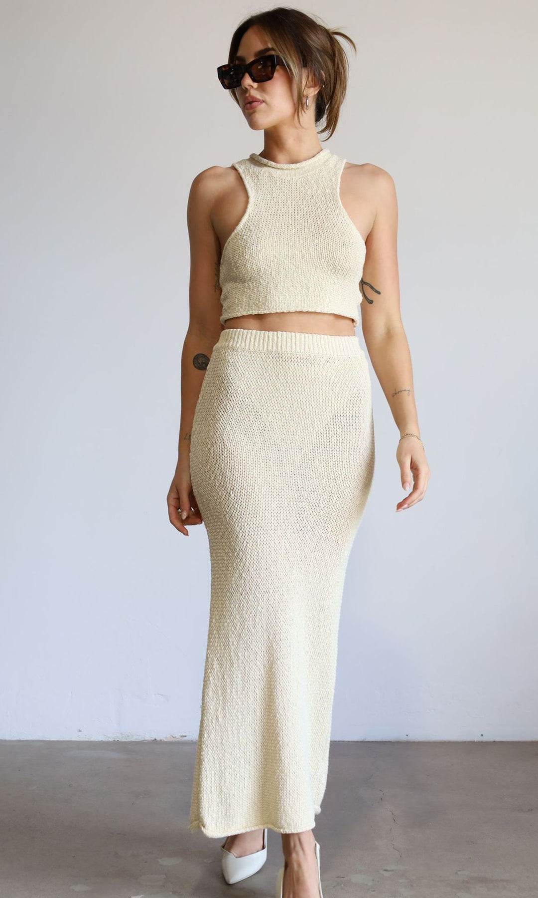 Dame elegant stickad crop top och maxikjol set Mirla-Eva Jonsson