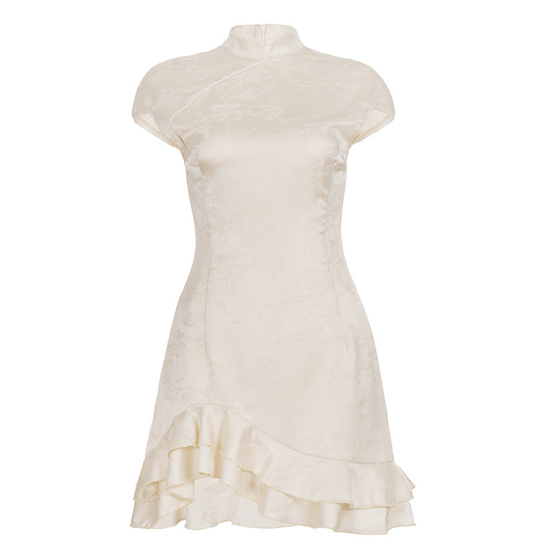 Dame elegant wrap dress with romantic ruffle hem and high collar Mirla-Eva Jonsson