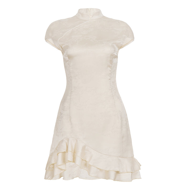 Dame elegant wrap dress with romantic ruffle hem and high collar Mirla-Eva Jonsson