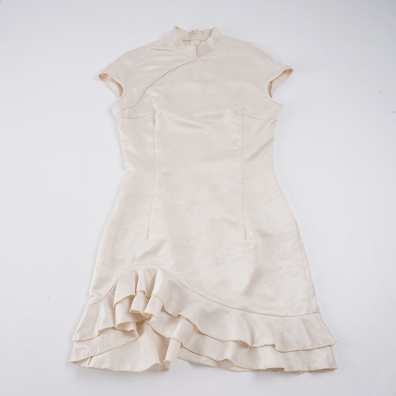 Dame elegant wrap dress with romantic ruffle hem and high collar Mirla-Eva Jonsson