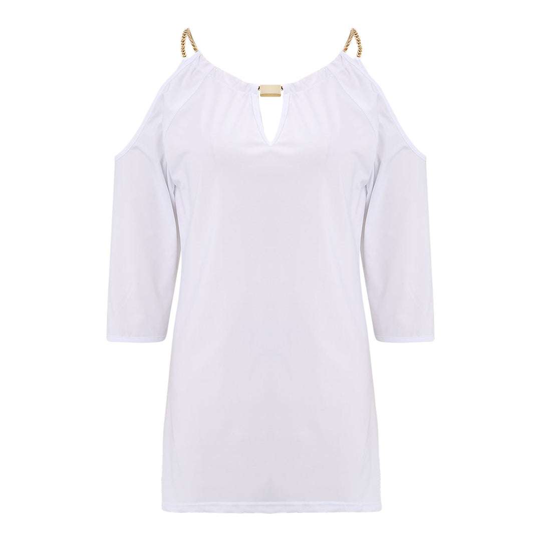 Dame fashion top med öppna axlar och gyllene kedjedetaljer Mirla-Eva Jonsson