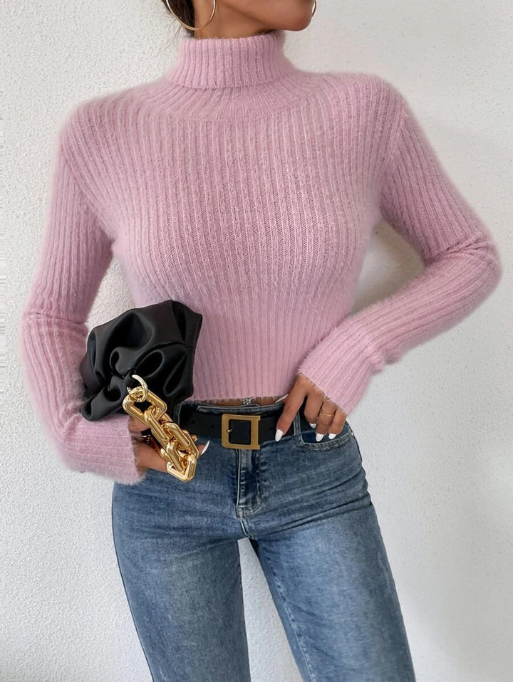 Dame finstricktröja med ståkrage och modern ribbdesign Mirla-Eva Jonsson