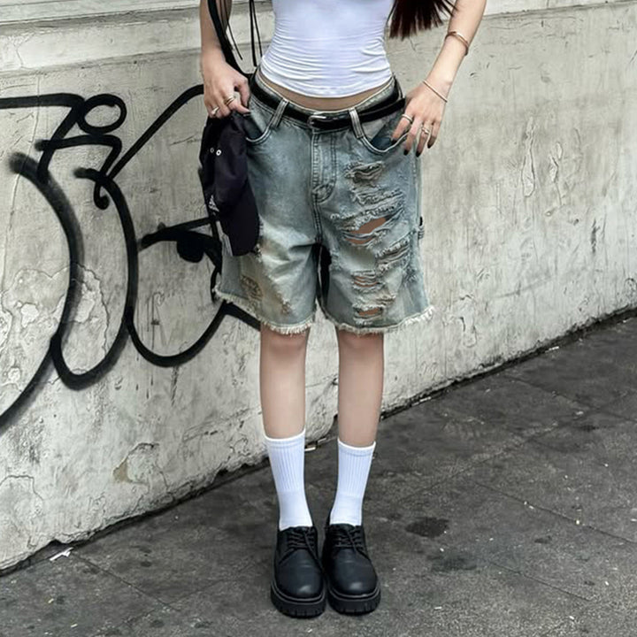 Dame förstörda denimshorts med hög midja och fransade kanter Mirla-Eva Jonsson