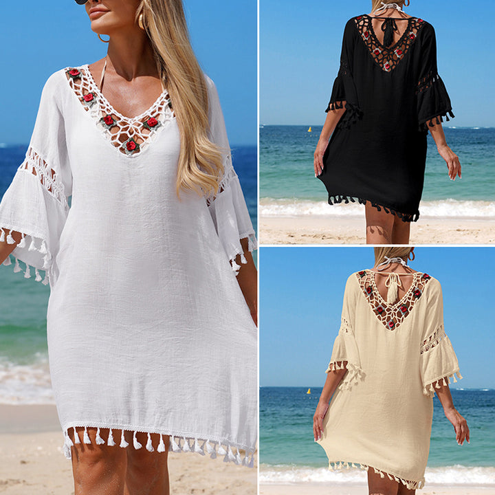 Dame häkla strandklänning med elegant broderi och fransar Mirla-Eva Jonsson