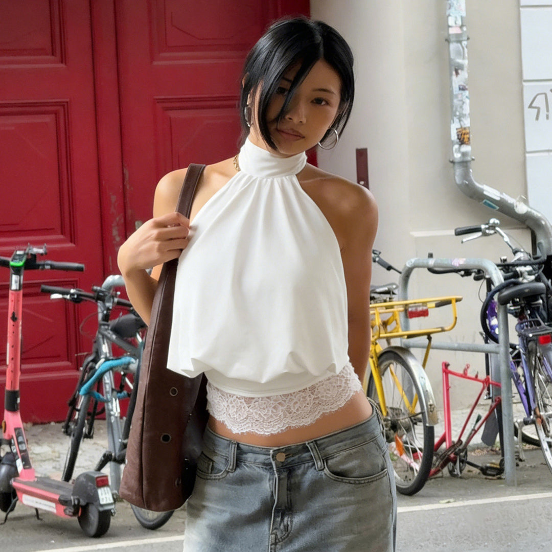 Dame halter top med ömtåliga spetsdetaljer och elegant snörning Mirla-Eva Jonsson