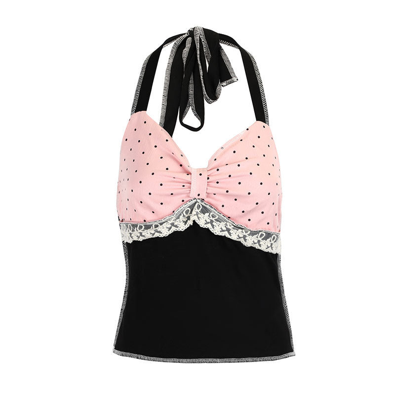 Dame halter top med romantisk spetsdetalj och elegant polka prick mönster Mirla-Eva Jonsson