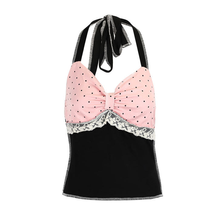 Dame halter top med romantisk spetsdetalj och elegant polka prick mönster Mirla-Eva Jonsson
