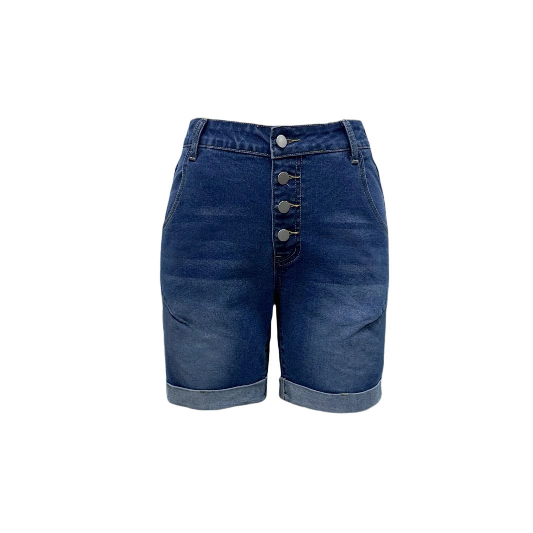 Dame högmidjade jeans-shorts med knäppning och figurnära skärning Mirla-Eva Jonsson