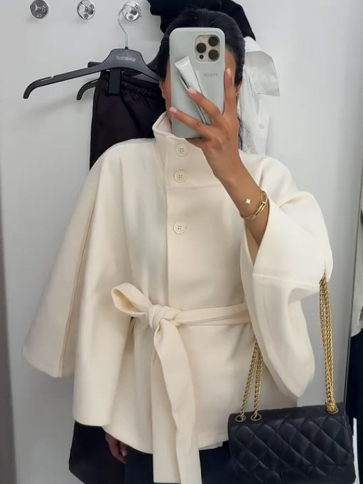 Dame hooded coat with fashionable belt and voluminous sleeves Mirla-Eva Jonsson
