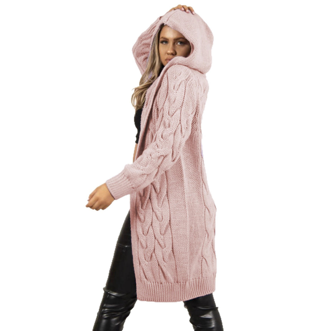 Dame hoodie stickad kappa med modernt flätmönster och praktiska fickor Mirla-Eva Jonsson