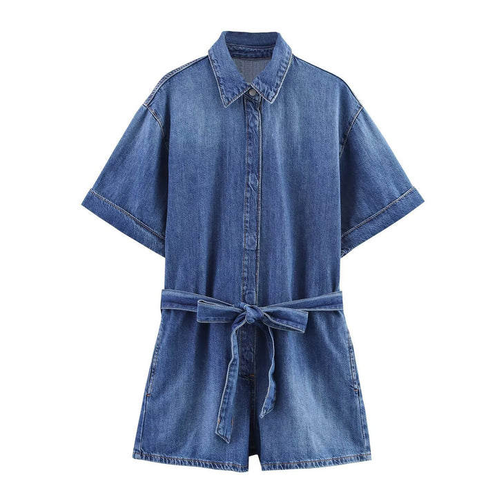 Dame jeans skjortklänning med elegant bälte och korta ärmar Mirla-Eva Jonsson