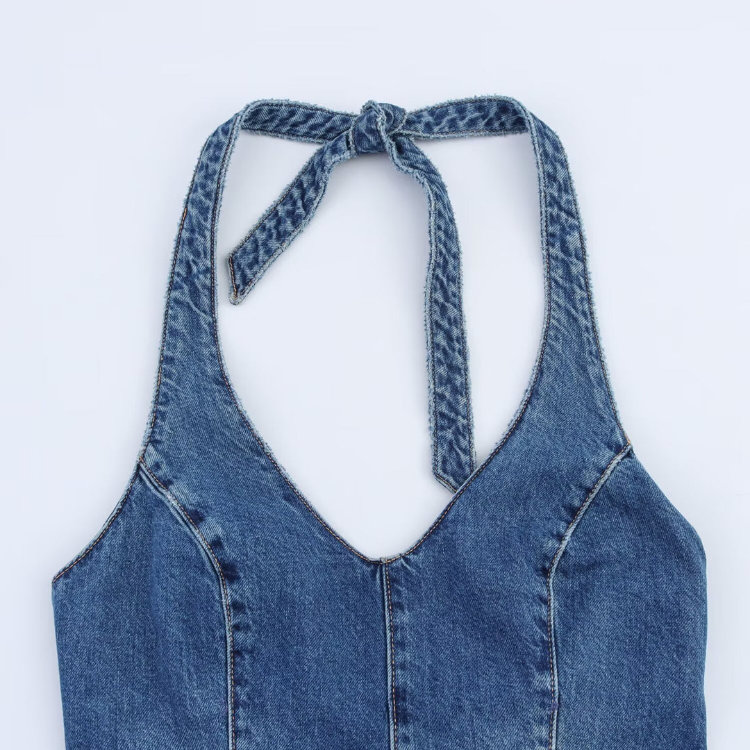 Dame jumpsuit i denim med korsremmar Mirla-Eva Jonsson