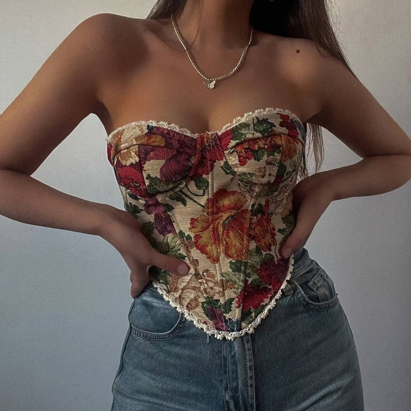 Dame korsett top med blommönster och spetsdetalj Mirla-Eva Jonsson