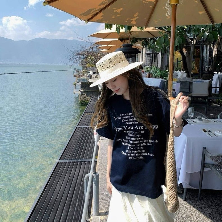 Dame kortärmad T-shirt med bokstavstryck svart-Eva Jonsson
