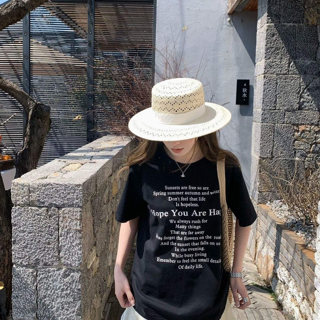 Dame kortärmad T-shirt med bokstavstryck svart-Eva Jonsson