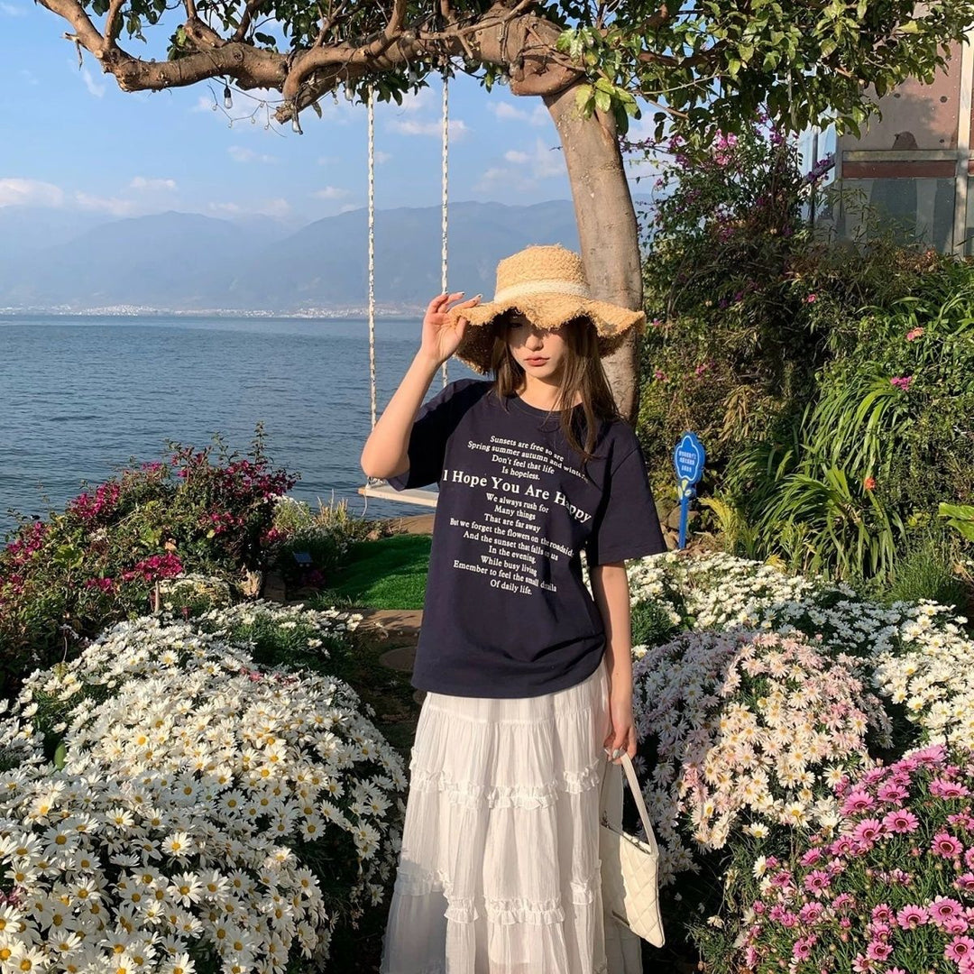 Dame kortärmad T-shirt med bokstavstryck svart-Eva Jonsson