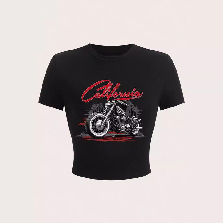 Dame kortärmad T-shirt med iögonfallande motorcykel-design Mirla-Eva Jonsson